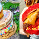 hand holding stack of pastries, left; cheeto burger, right